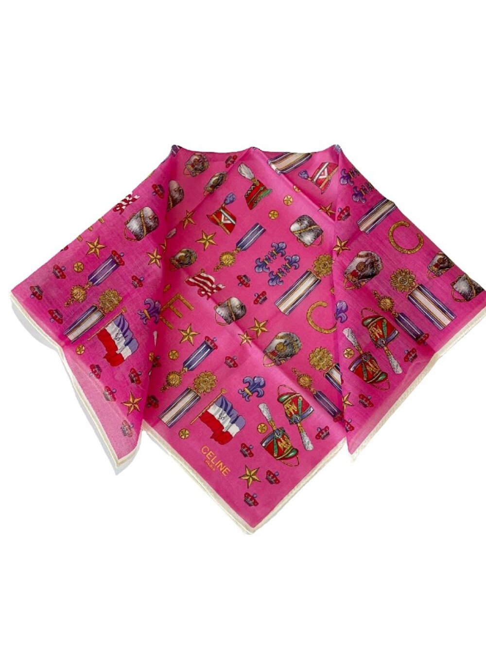Celine Paris Vintage Pink Military Motif Cotton Handkerchief Scarf 18"
